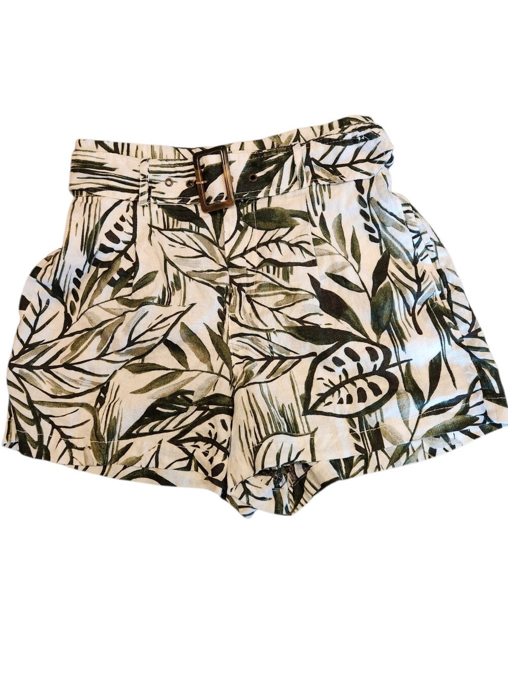 Tahari 100% Linen Tropical Leaf Print Belted Shorts Size S Cream/Green Pockets